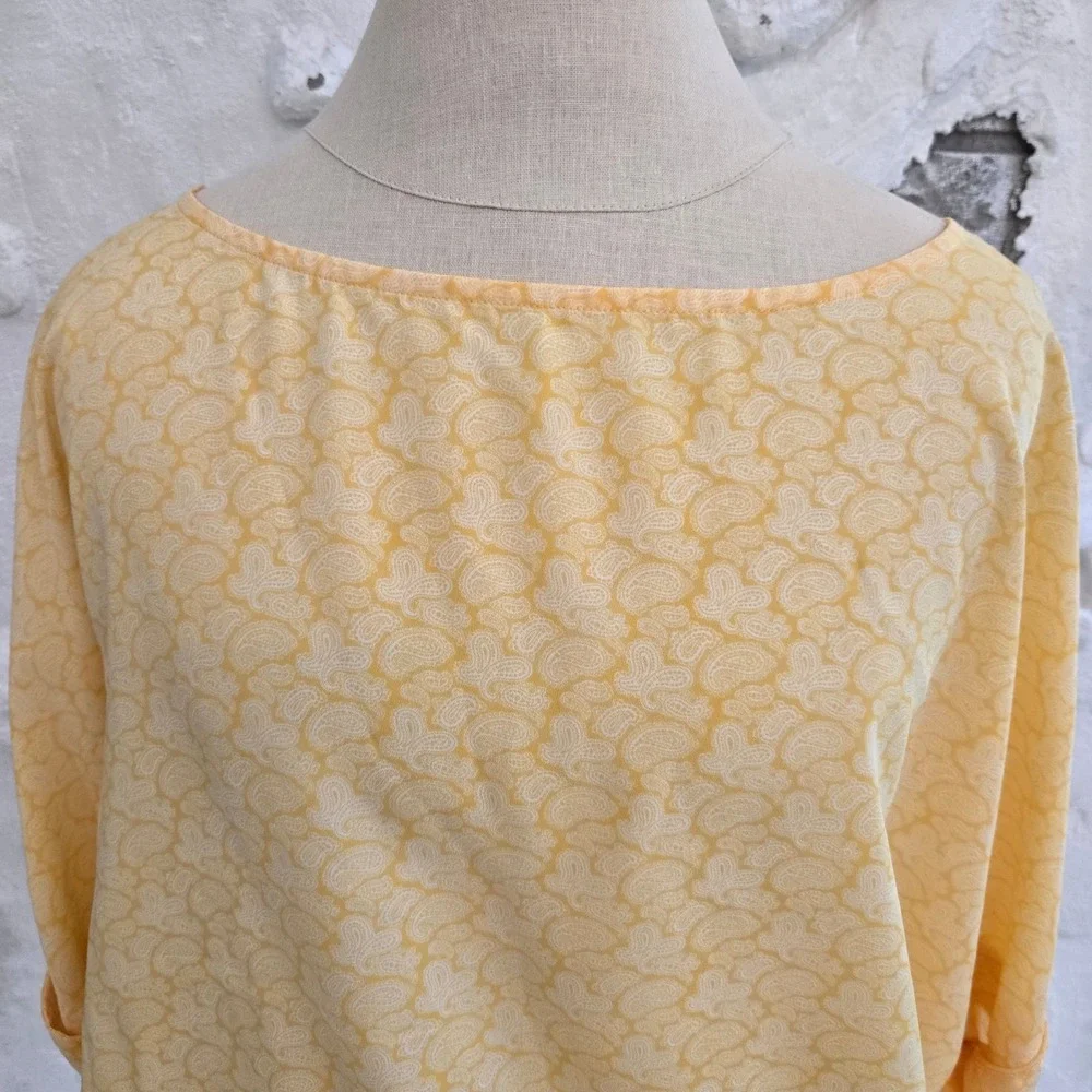 Michael Kors Yellow Paisley Blouson Top Boat Neck Grommet Tie Sleeve Blouse